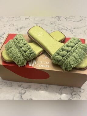 Silvia Cobos Green Braided Tassel Slide Sandals